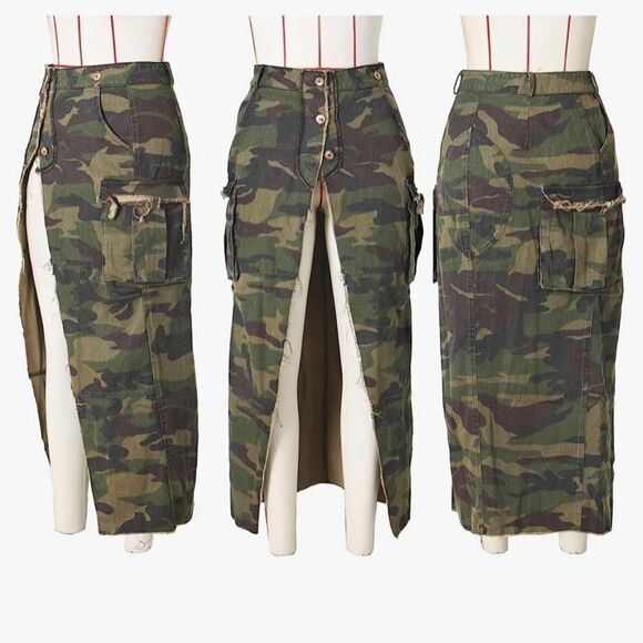 Cargo Skirt for Women Camo Skirts High Slit Button Maxi Skirt with Pockets - Picture 4 of 6